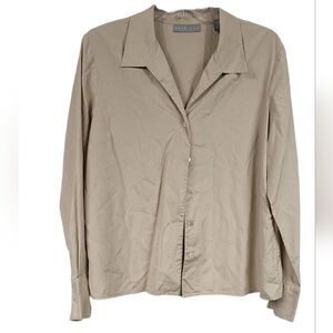Kate Hill 100% Silk Taupe Button Down Blouse Long Sleeve Shirt Size 12 Blouse
